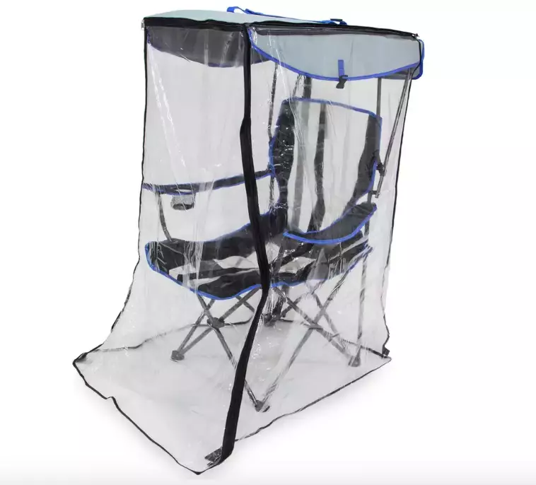 The canopy chair features a plastic shield that you can simply zip up when it rains (