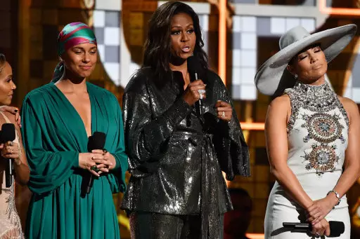 Alicia Keys, Michelle Obama and Jennifer Lopez appear during the 61st Annual Grammy Awards.