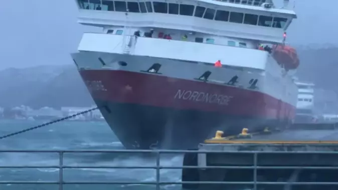 Storm Weather Blows Ship Against Harbour Dock With Passengers Still Onboard