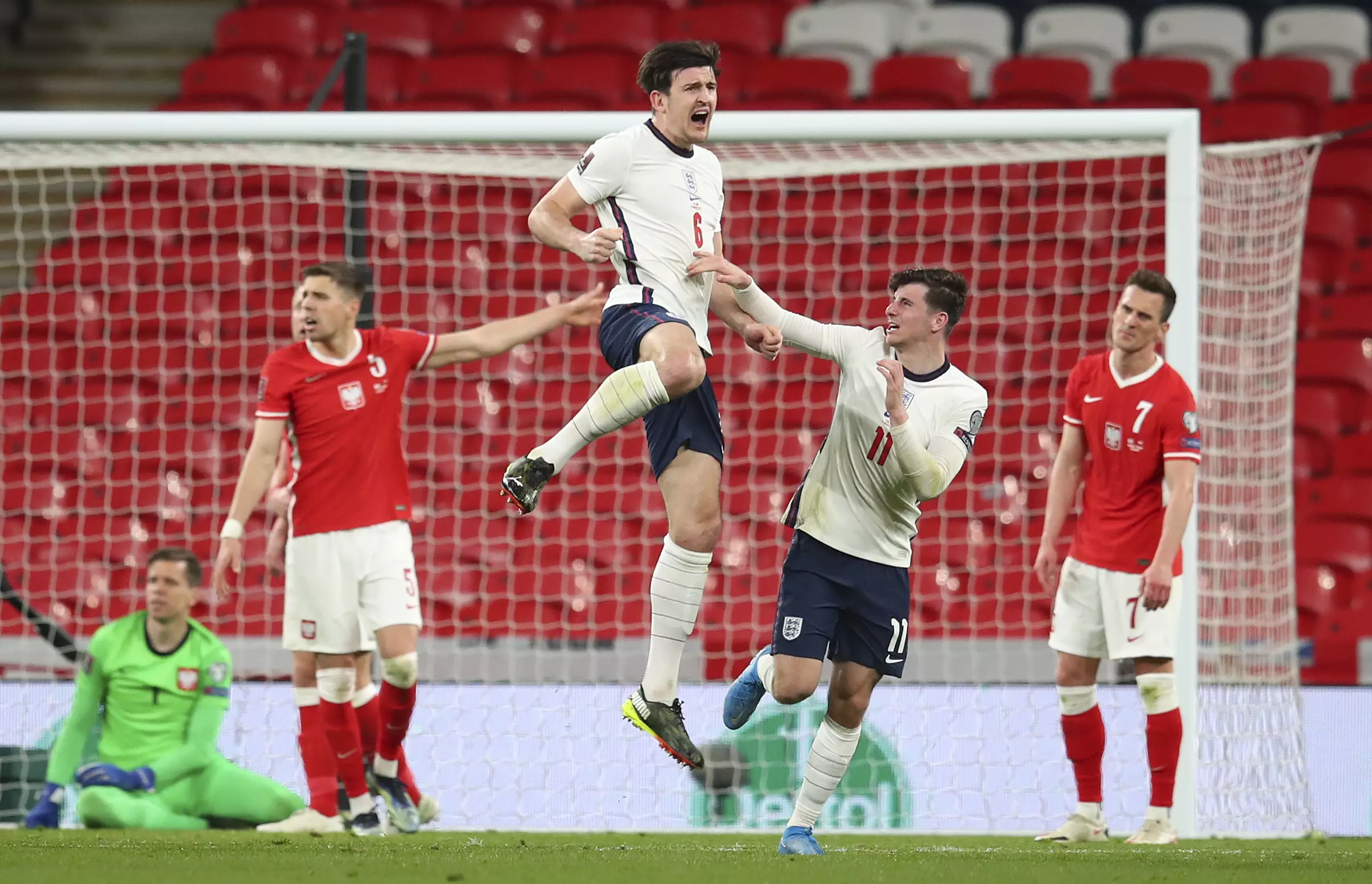 Maguire celebrates his winning goal against Poland last week. Image: PA Images