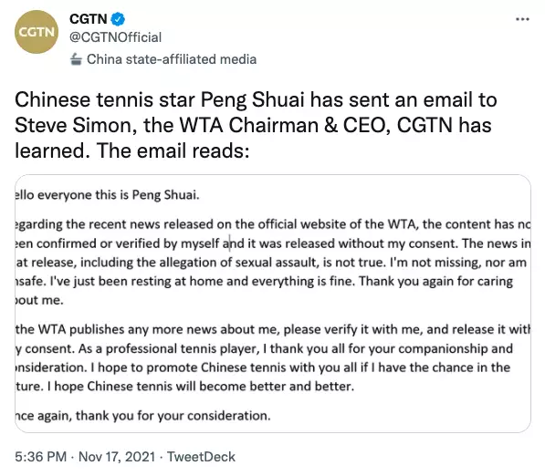CGTN published an email from Peng Shuai telling people she's safe. Doubts have been cast over the email. (