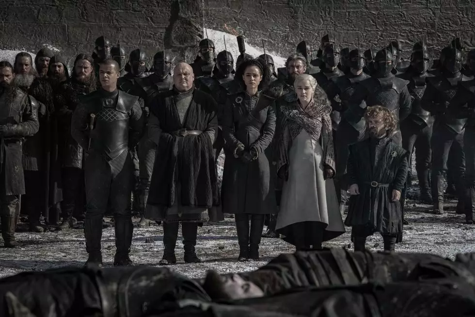Grey Worm, Lord Varys, Missandei, Daenerys and Tyrion mourn the dead.