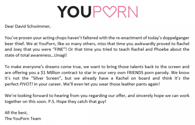 The offer letter that YouPorn sent to David Schwimmer.