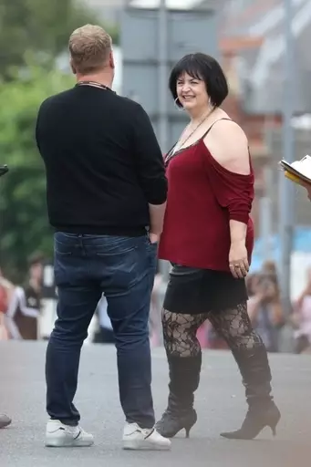 James Corden and Ruth Jones during filming for the Gavin and Stacey Christmas special.