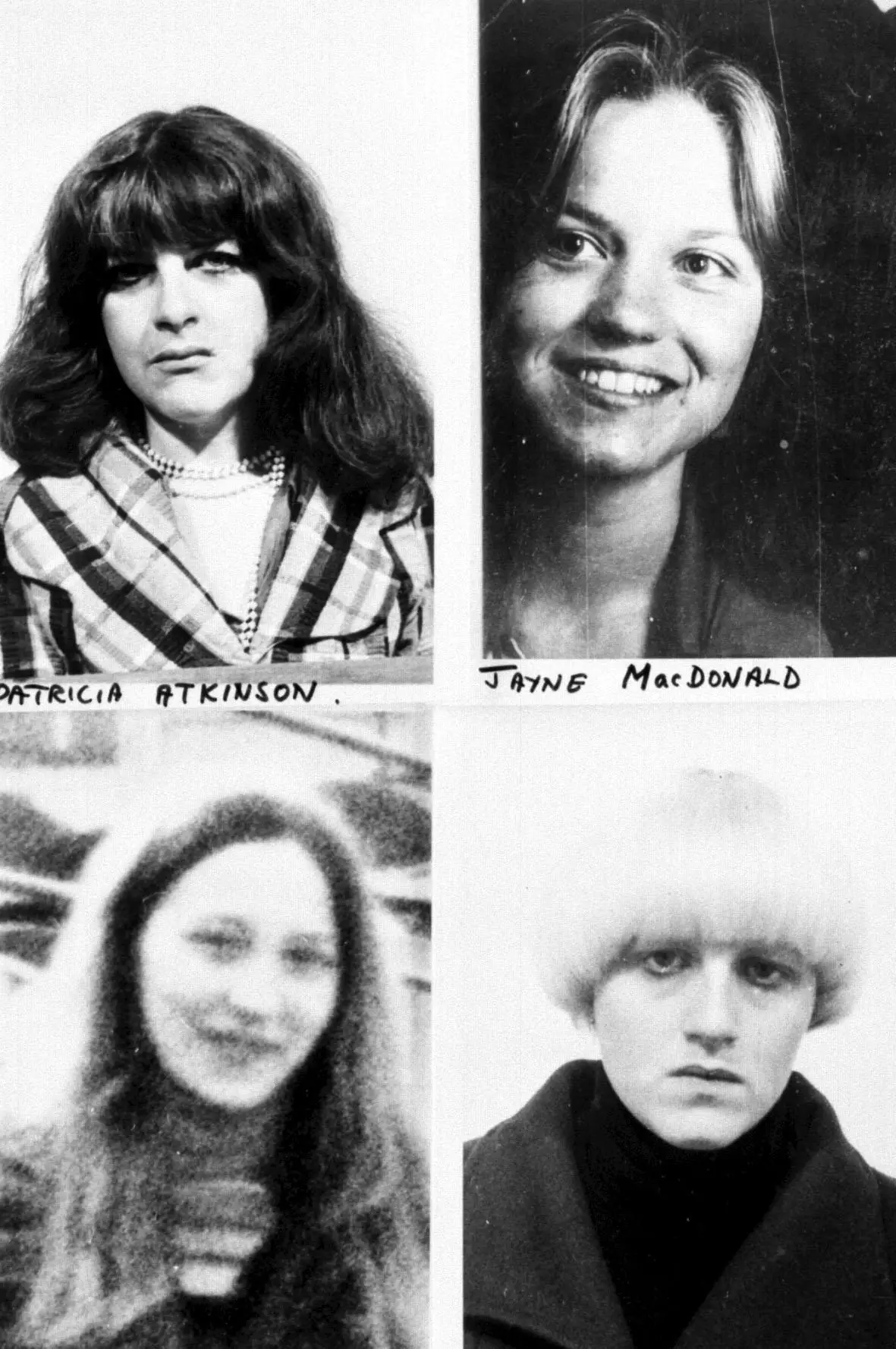 Four of Peter Sutcliffe's victims. Top left - Patricia Atkinson, top right - Jayne Macdonald, bottom left - Jean Jordan and bottom right - Yvonne Pearson.