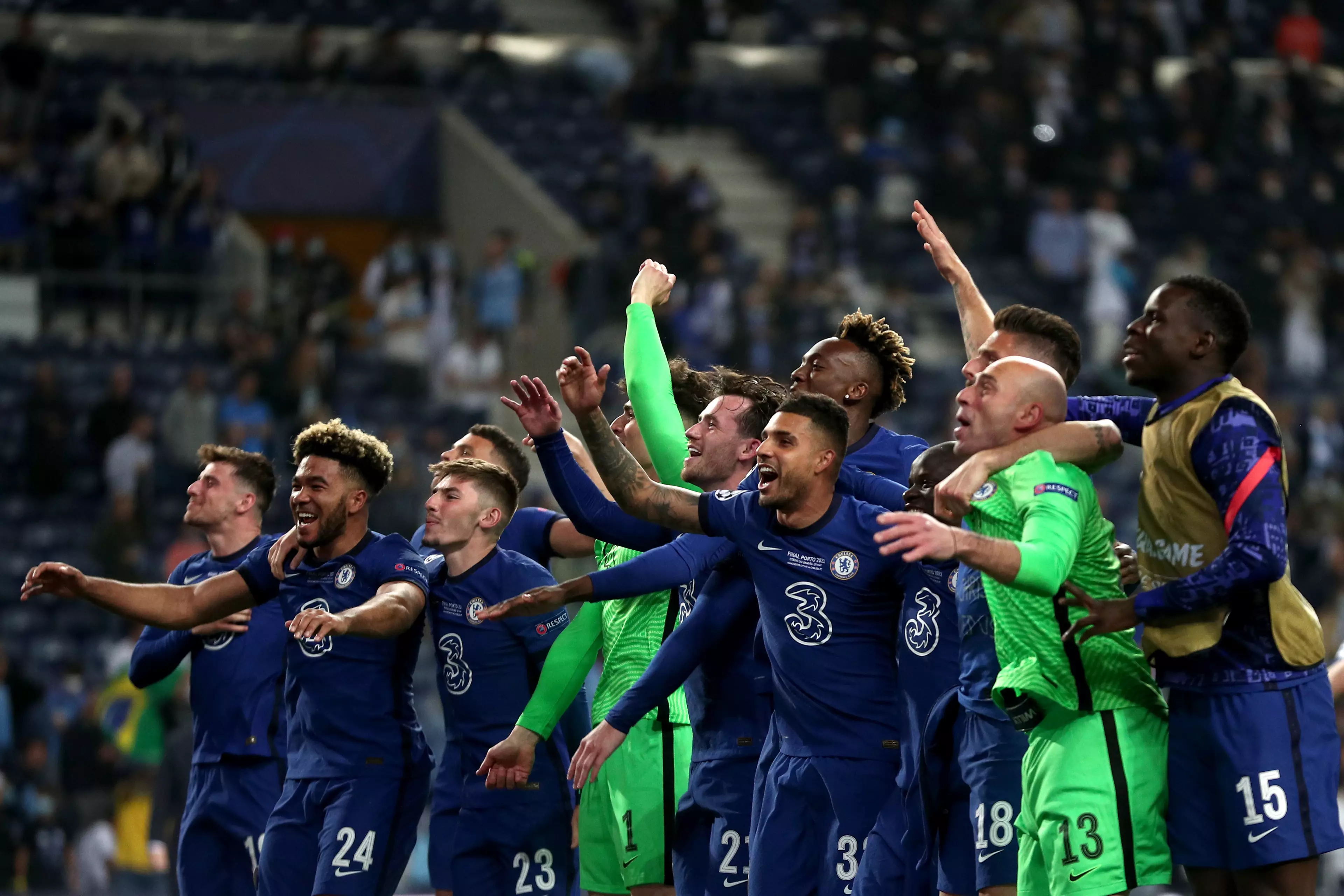 Chelsea players celebrate their Champions League final win with fans. Image: PA Images