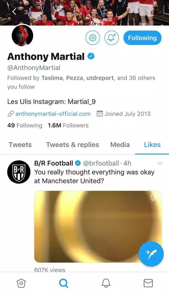 Martial liked a video on Twitter. Image: Twitter