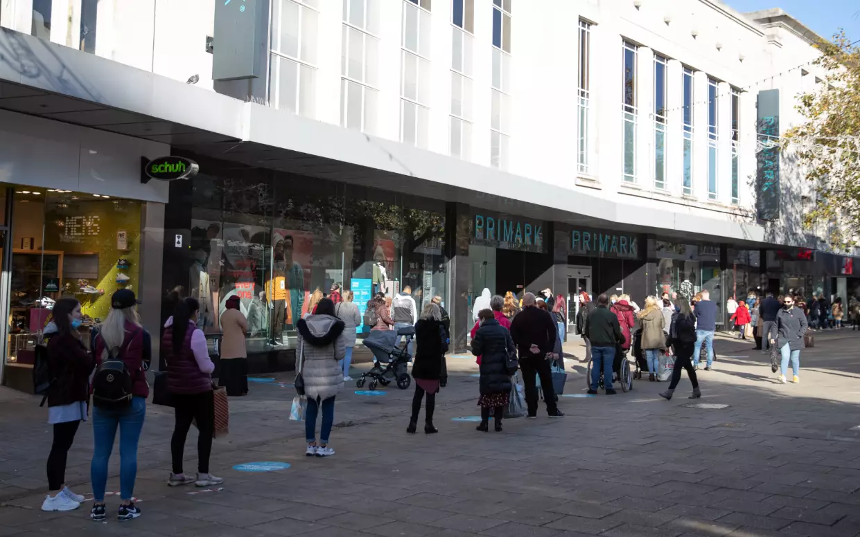 Shoppers queuing up outside Primark in Portsmouth yesterday.