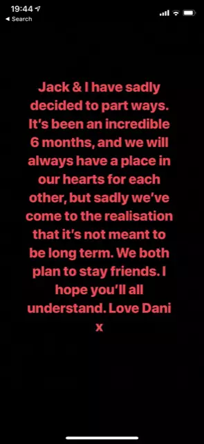 Dani Dyer announced the pair had split after an argument. (