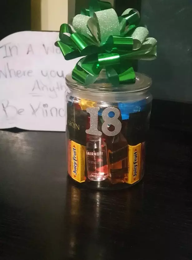 Is gifting your son a jar of condoms, booze and chewing gum weird?