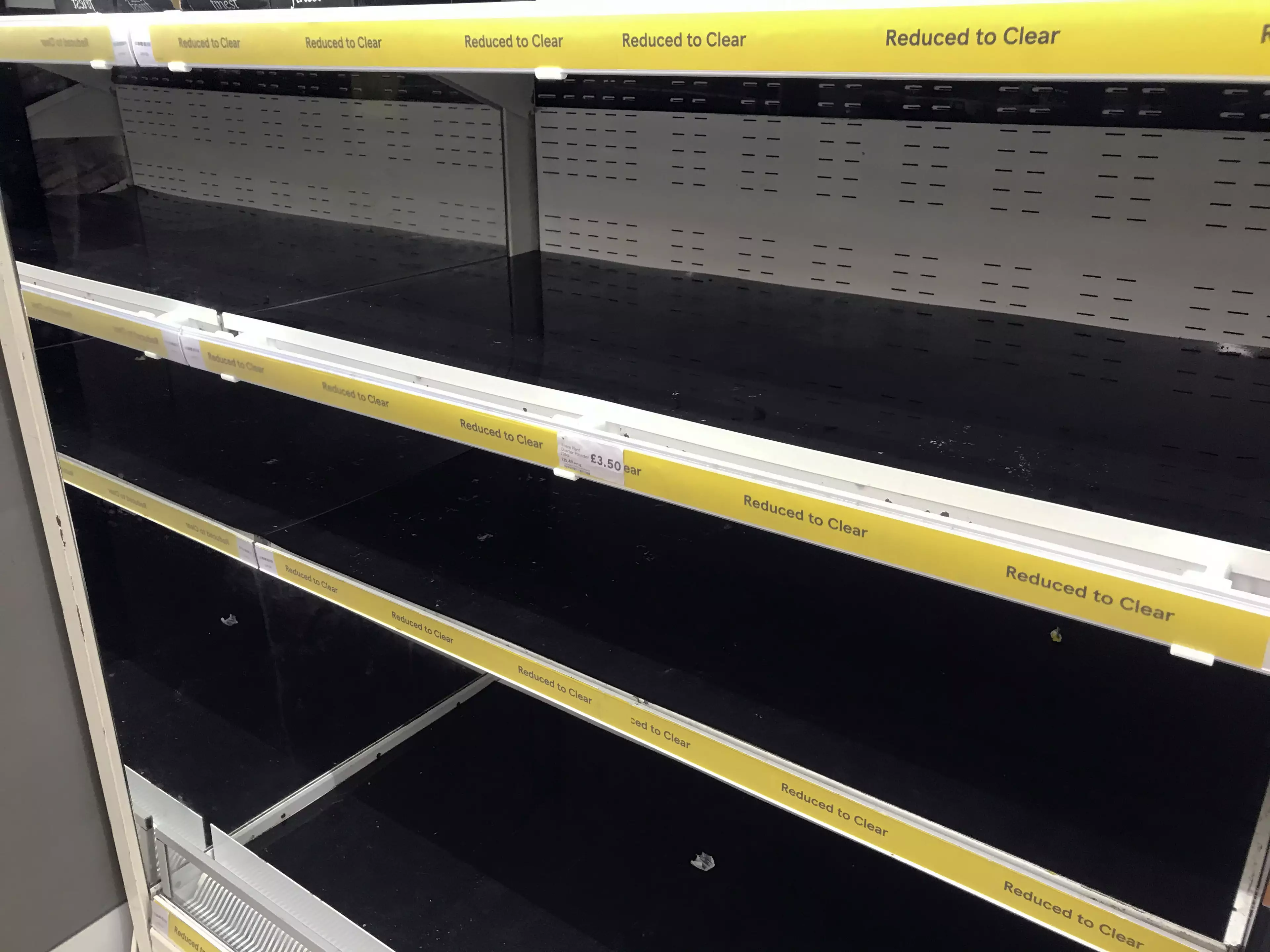 Empty shelves in the Reduced to Clear aisle at the Portsmouth North Harbour Tesco.