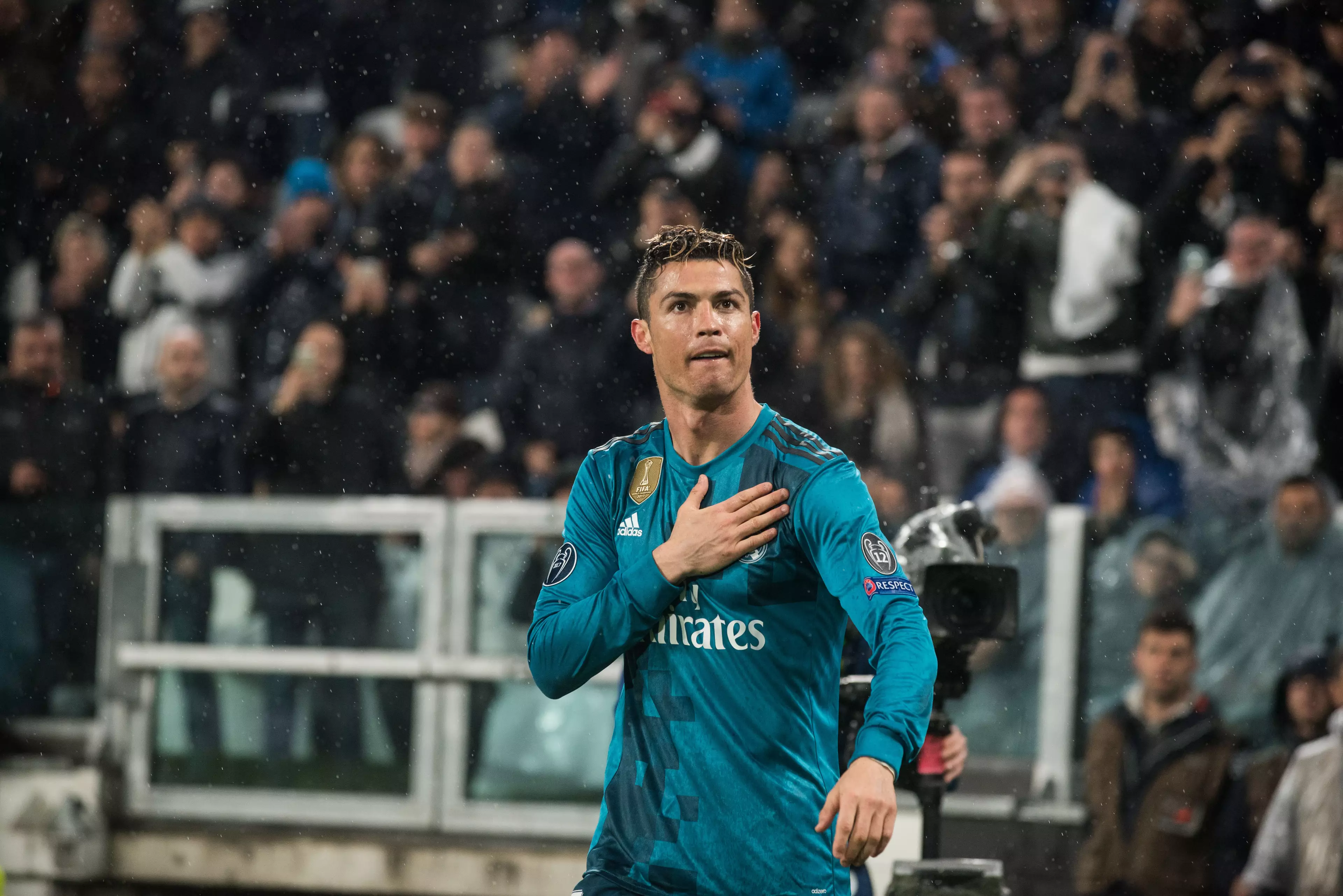 Ronaldo gestures to the Juventus fans. Image: PA