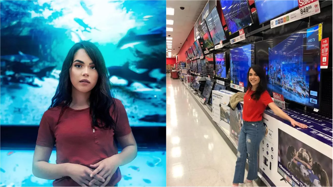 Model Diana Reynoso photographed in front of a 'fish tank'.