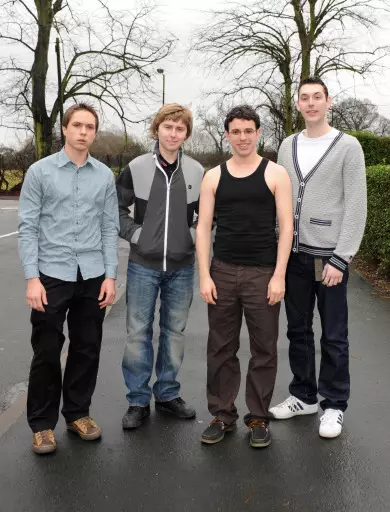 (L-R) Joe Thomas who plays Simon Cooper, James Buckley who plays Jay Cartwright, Simon Bird who plays Will McKenzie and Blake Harrison who plays Neil Sutherland.