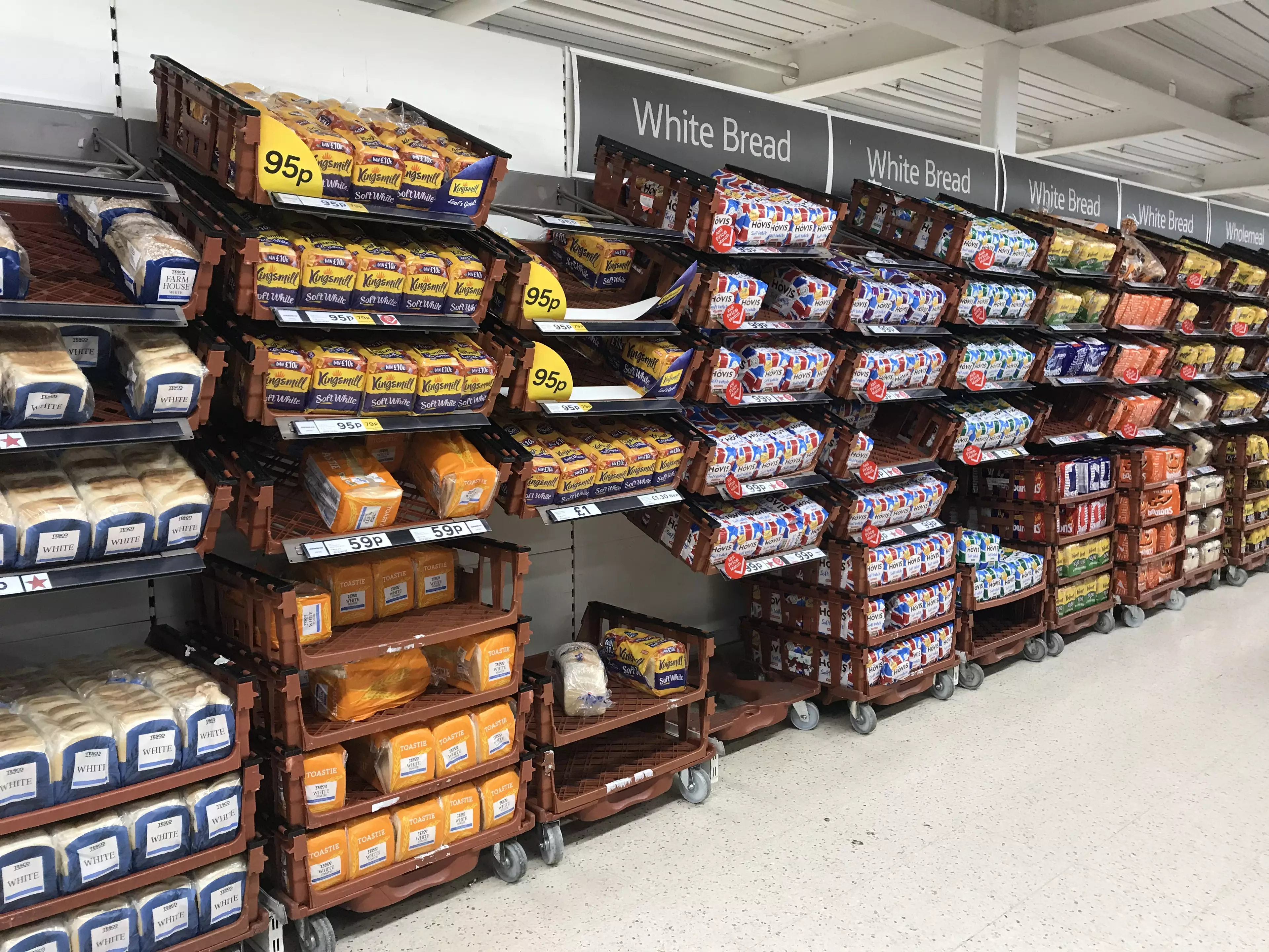 A view of the bread aisle in Tesco.