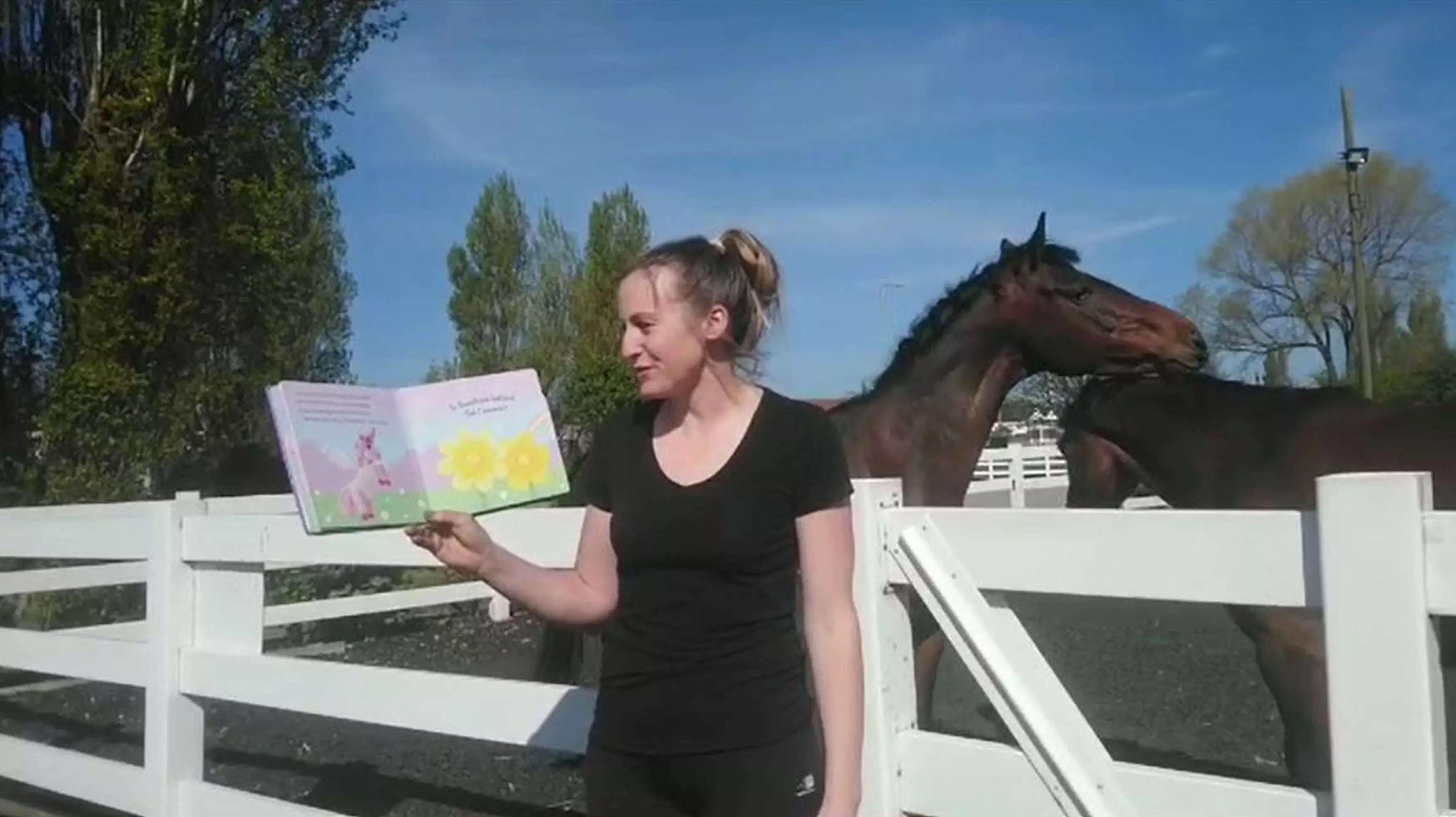 Nursery teacher Eloise thought the horse riding school would be the perfect backdrop for a live video reading of story book about unicorns (