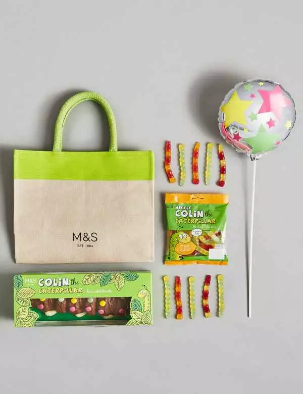 The £20 hamper includes a Colin cake, veggie Colin the Caterpillar sweets, a balloon and M&S bag (