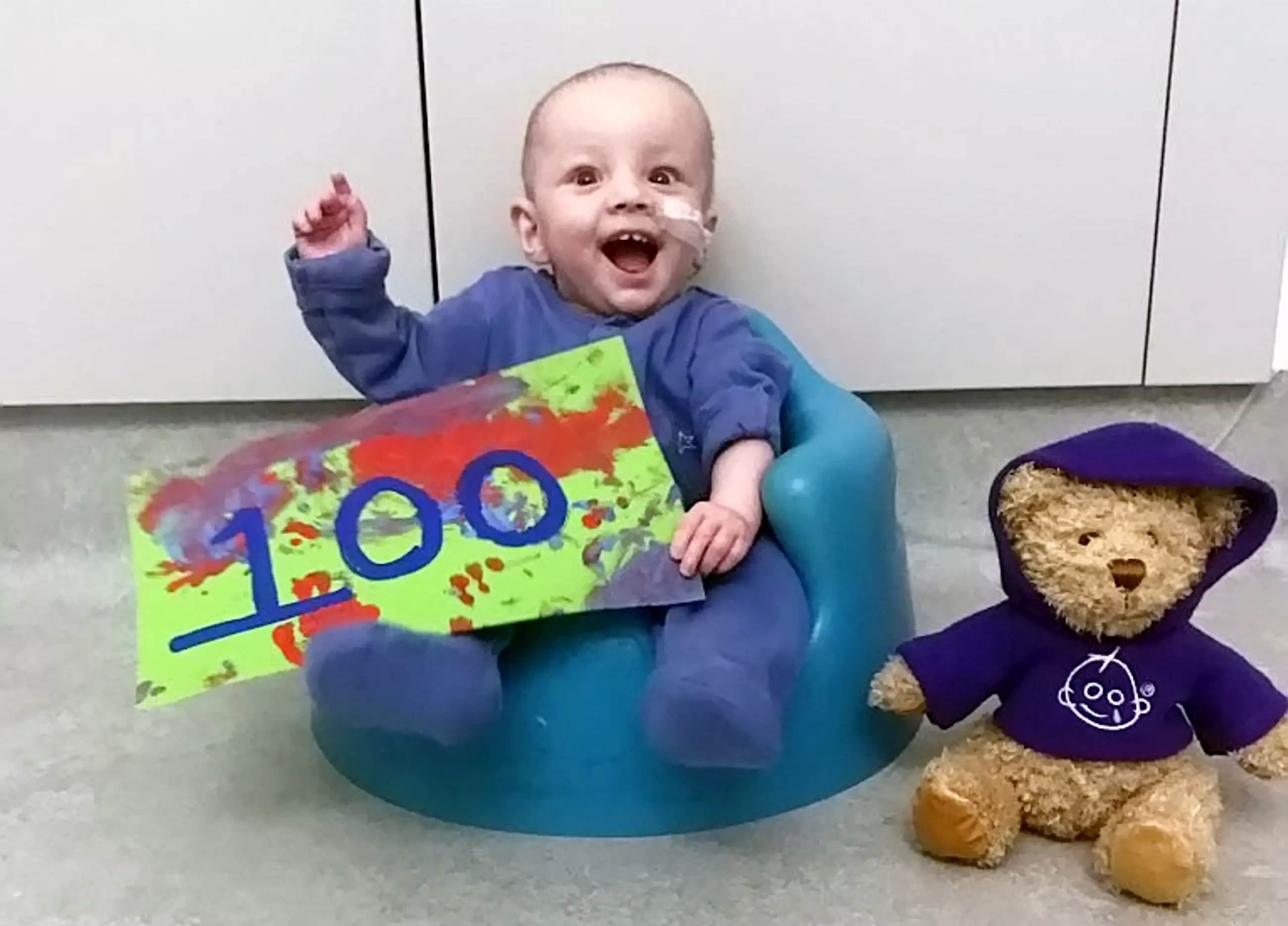 Freddie on his 100th day at Great Ormond Street Hospital.