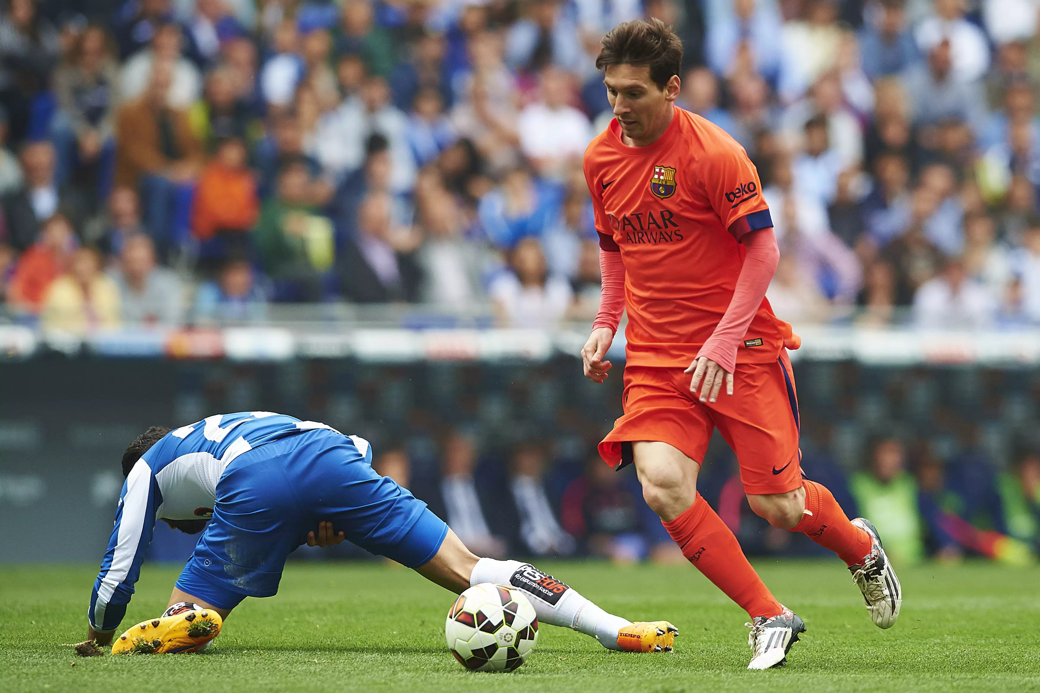 Messi leaving Alvaro looking stupid. Image: PA Images