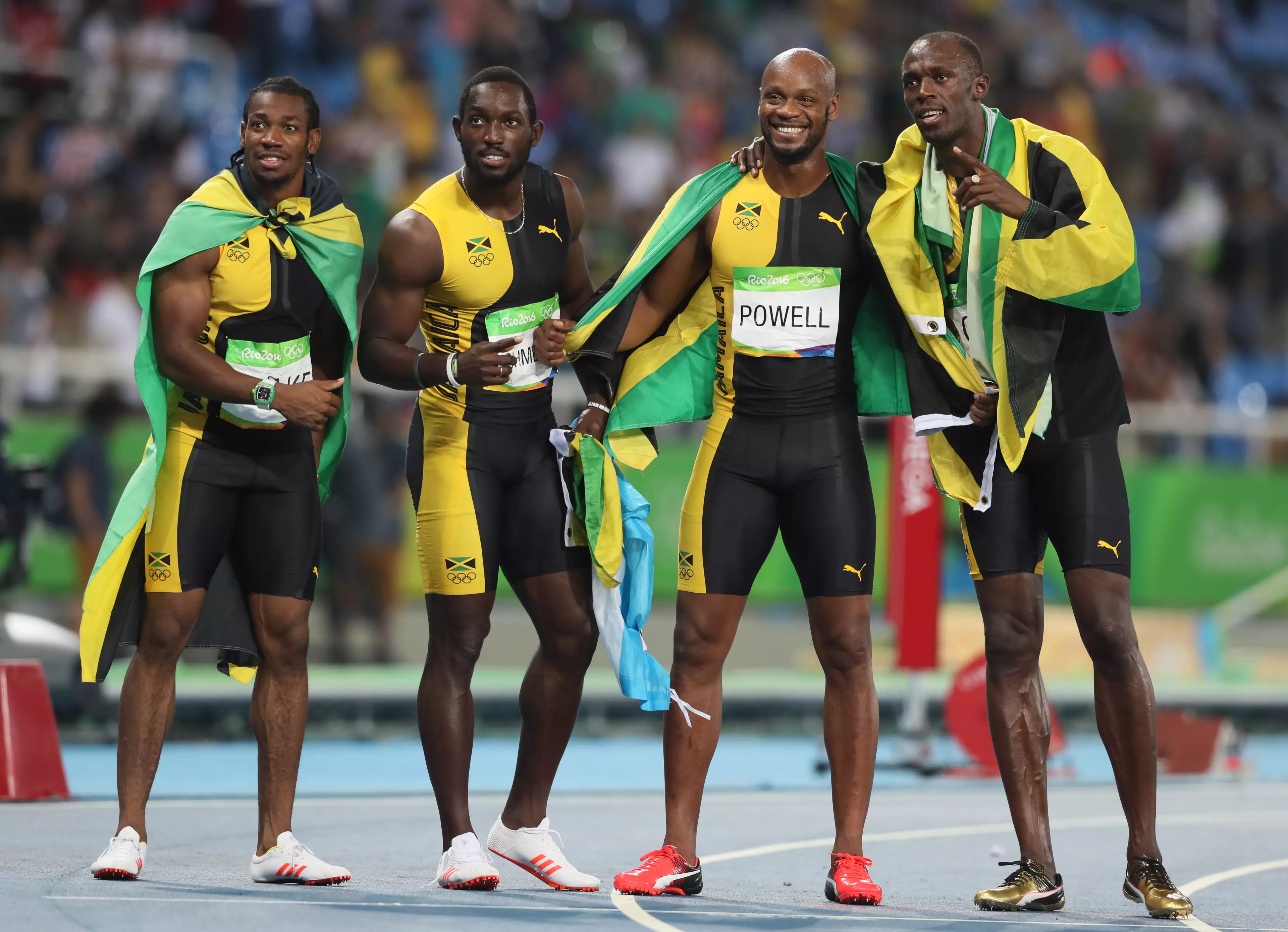 Jamaica's legendary 2016 4 x 100 metre team of Yohan Blake, Nickel Ashmeade, Asafa Powell and Usain Bolt.