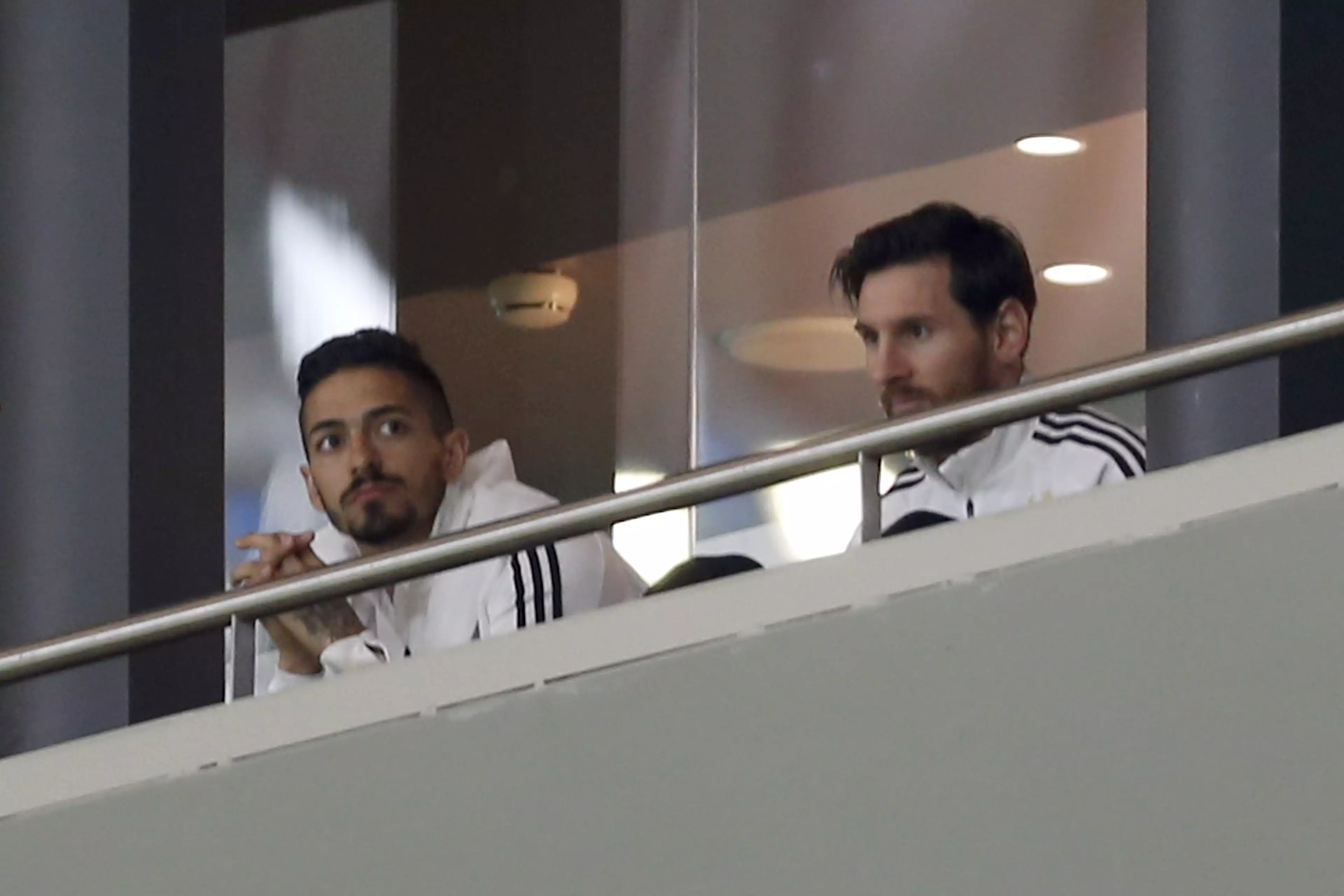 Messi watches on from the stands. Image: PA
