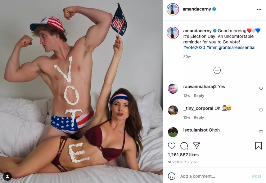 Amanda Cerny and Logan Paul in a photo urging people to vote in the US election (