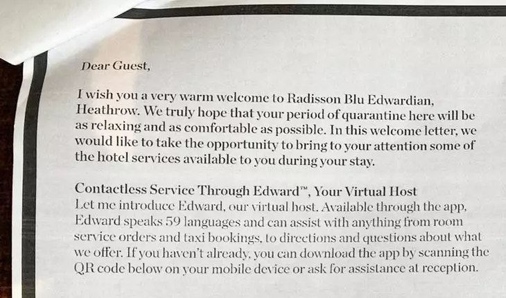 An excerpt from the welcome pack given to quarantining guests at the Radisson Blu Edwardian hotel at Heathrow Airport.
