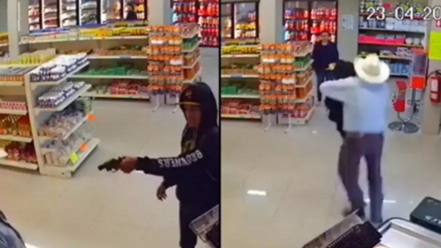 CCTV Captures Heart-Stopping Moment Cowboy Takes Down Armed Robber In Store