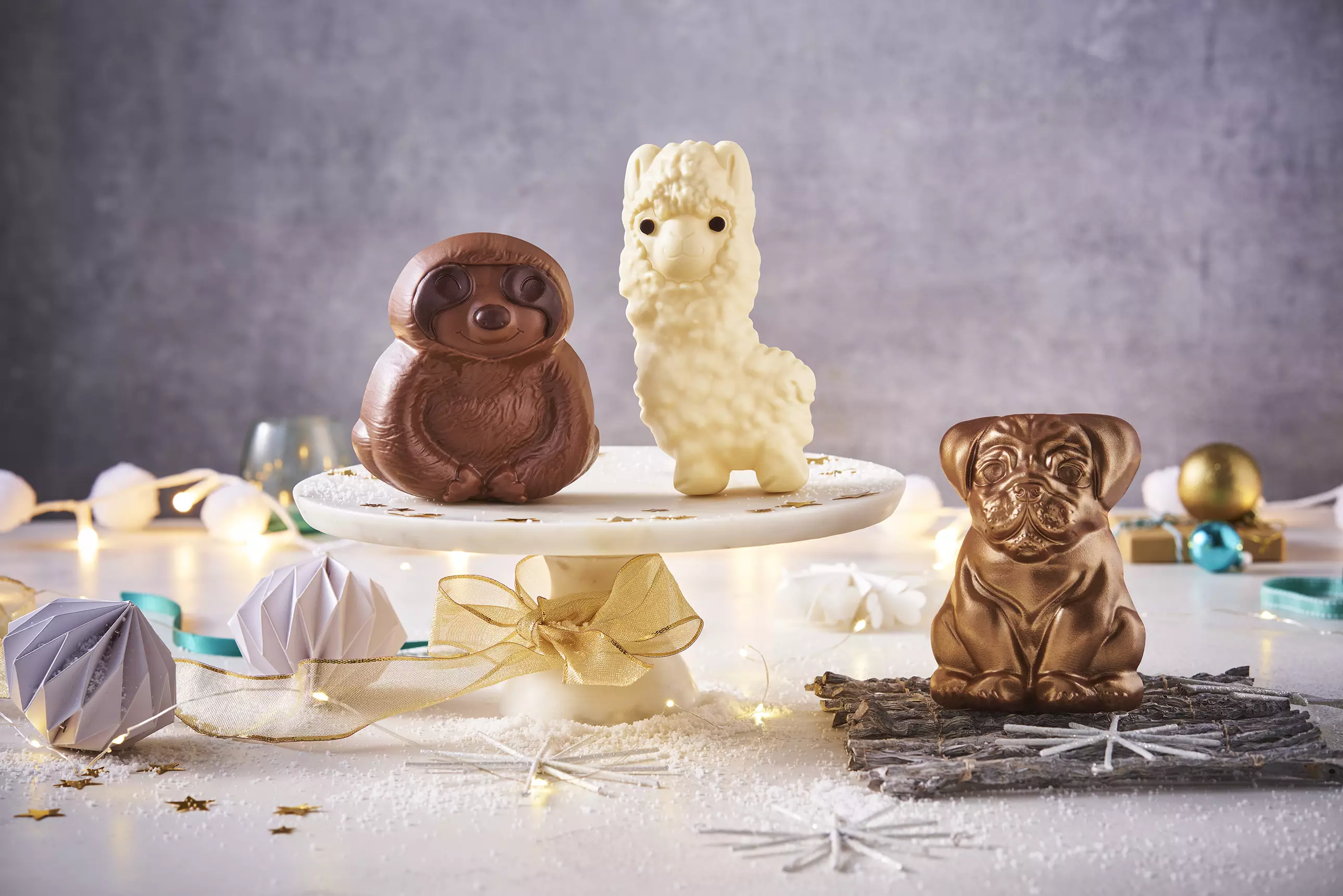 A chocolate llama and sloth will also be available alongside the shimmery pug for £5 each.