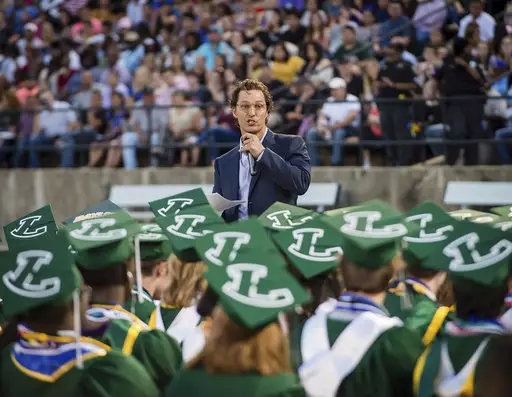 Actor and 1988 Longview High School graduate Matthew McConaughey delivers the commencement speech at the school's graduation ceremony.