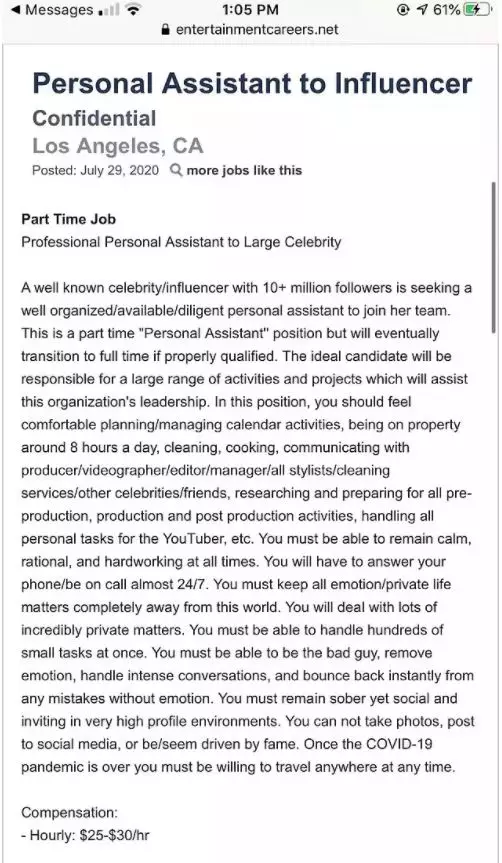 An influencer was criticised for their demanding job ad.