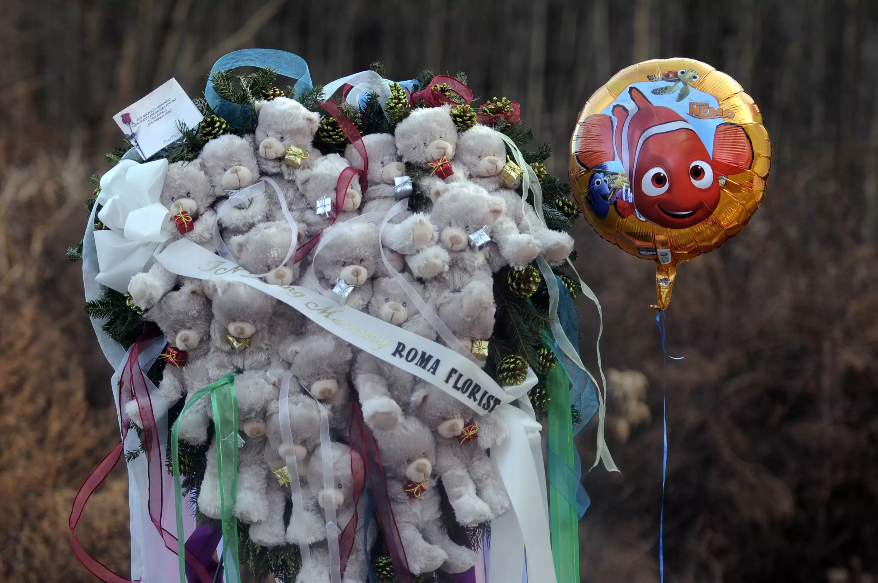 Twenty teddy bears for each of the victims of the 2012 Sandy Hook mass shooting.