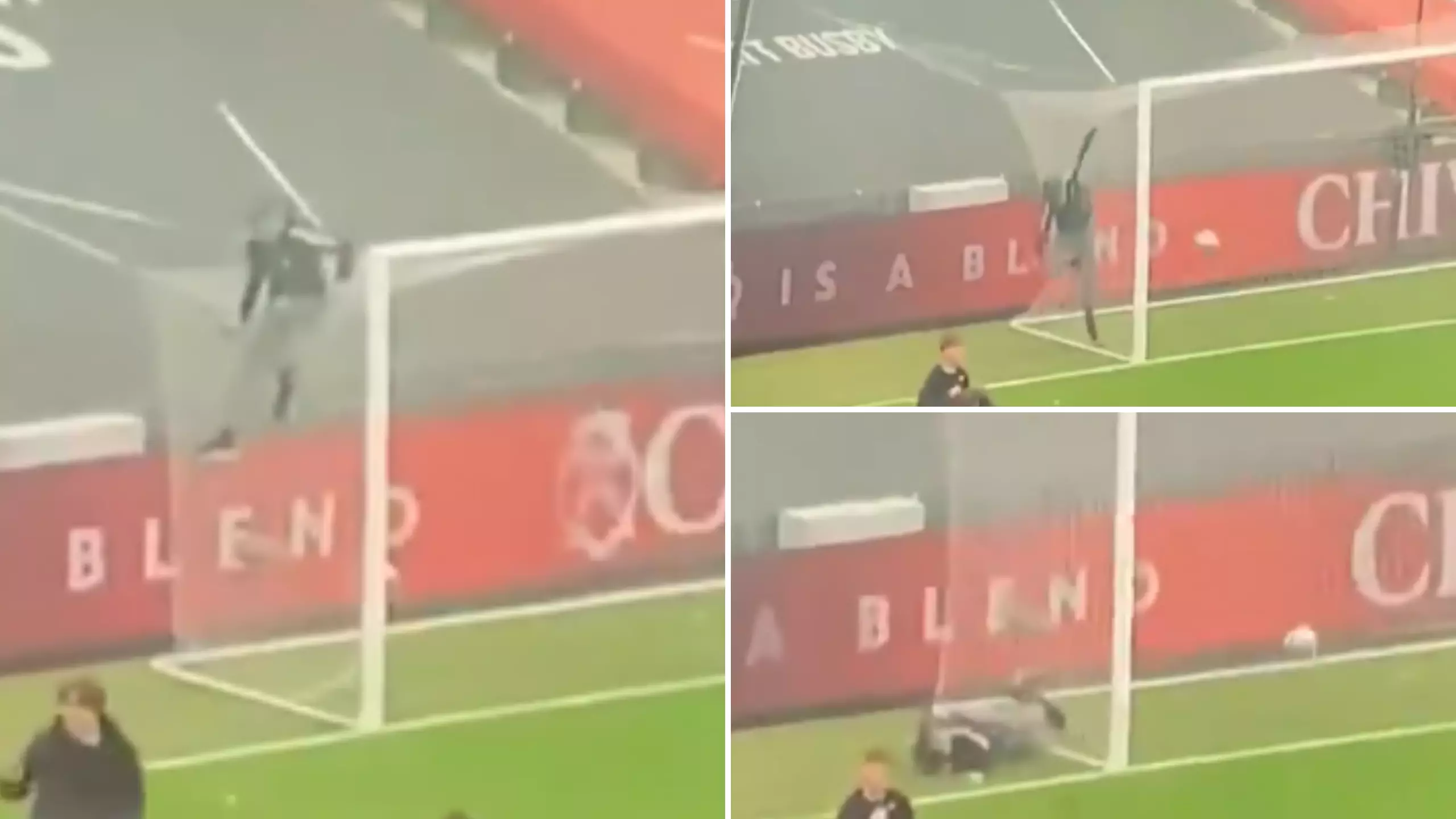Protesting Manchester United Fan Sent Flying Off Goal Net At Old Trafford By Stray Football