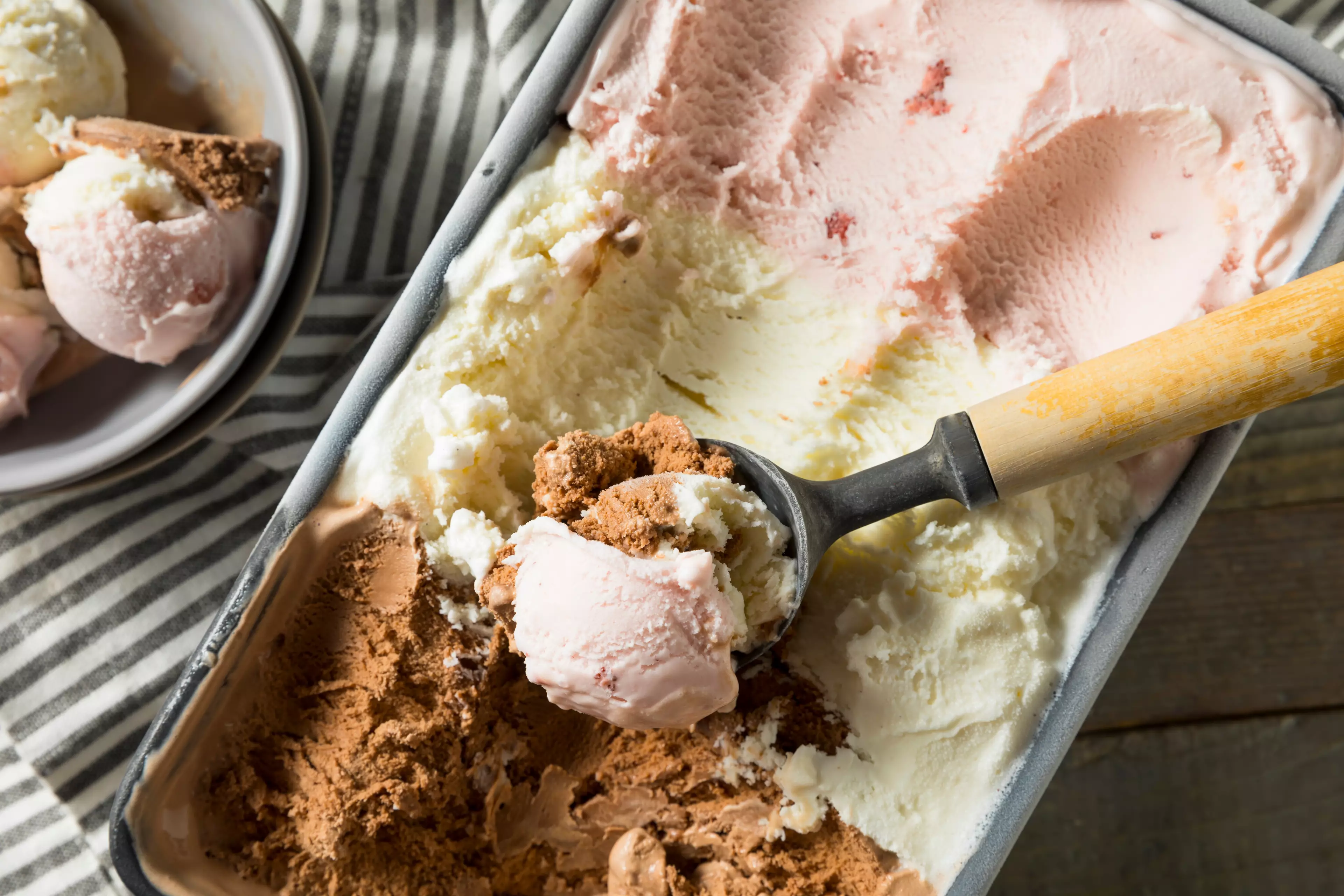 Chocolate, vanilla and strawberry make up the iconic Neapolitan ice cream trio (