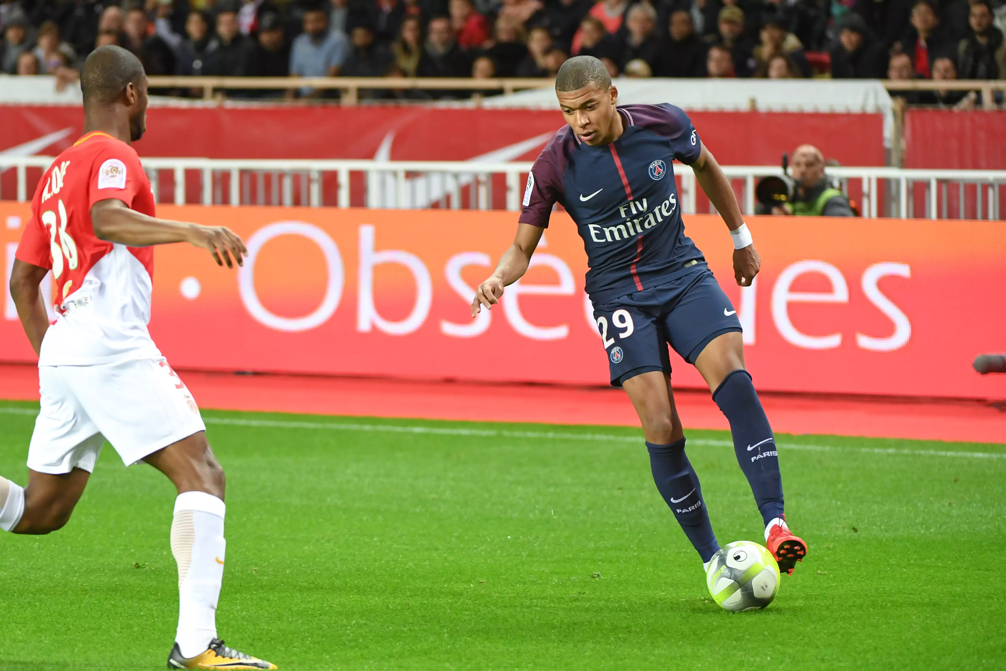 Mbappe in action against former club Monaco. Images: PA