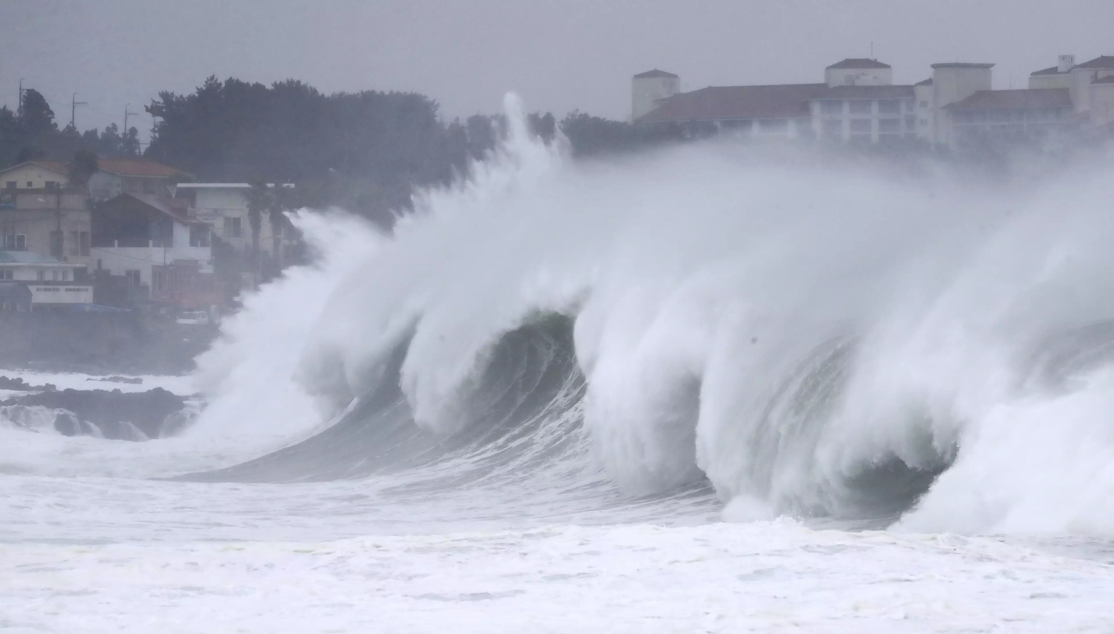 High waves crashed ashore as Typhoon Maysak approached on Jeju Island, South Korea on Wednesday.
