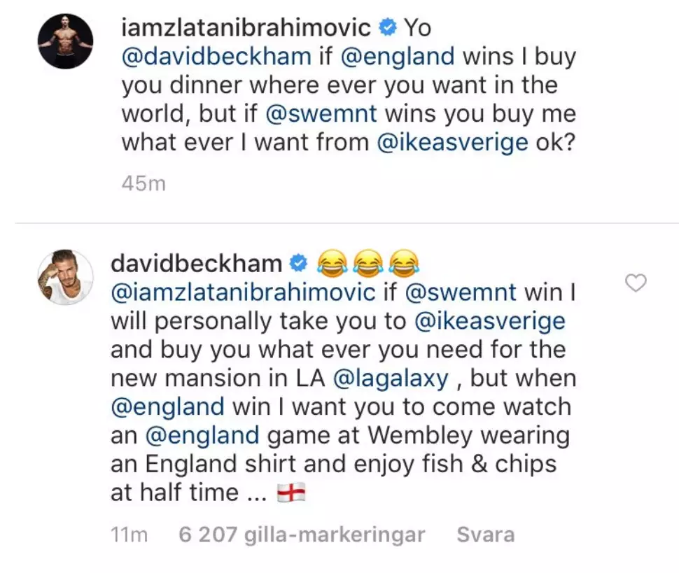 Zlatan and Beckham on Instagram. Image: Instagram. 