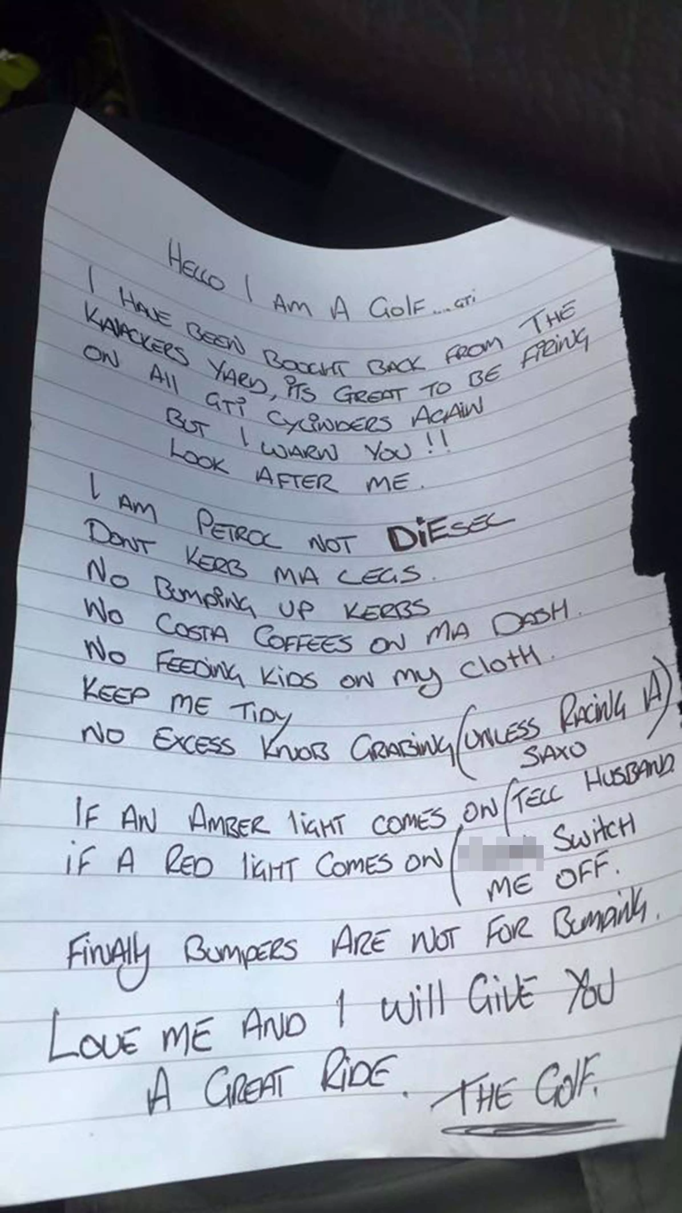 Lad Leaves Hilarious Note To Wife Explaining How To Look After New Car