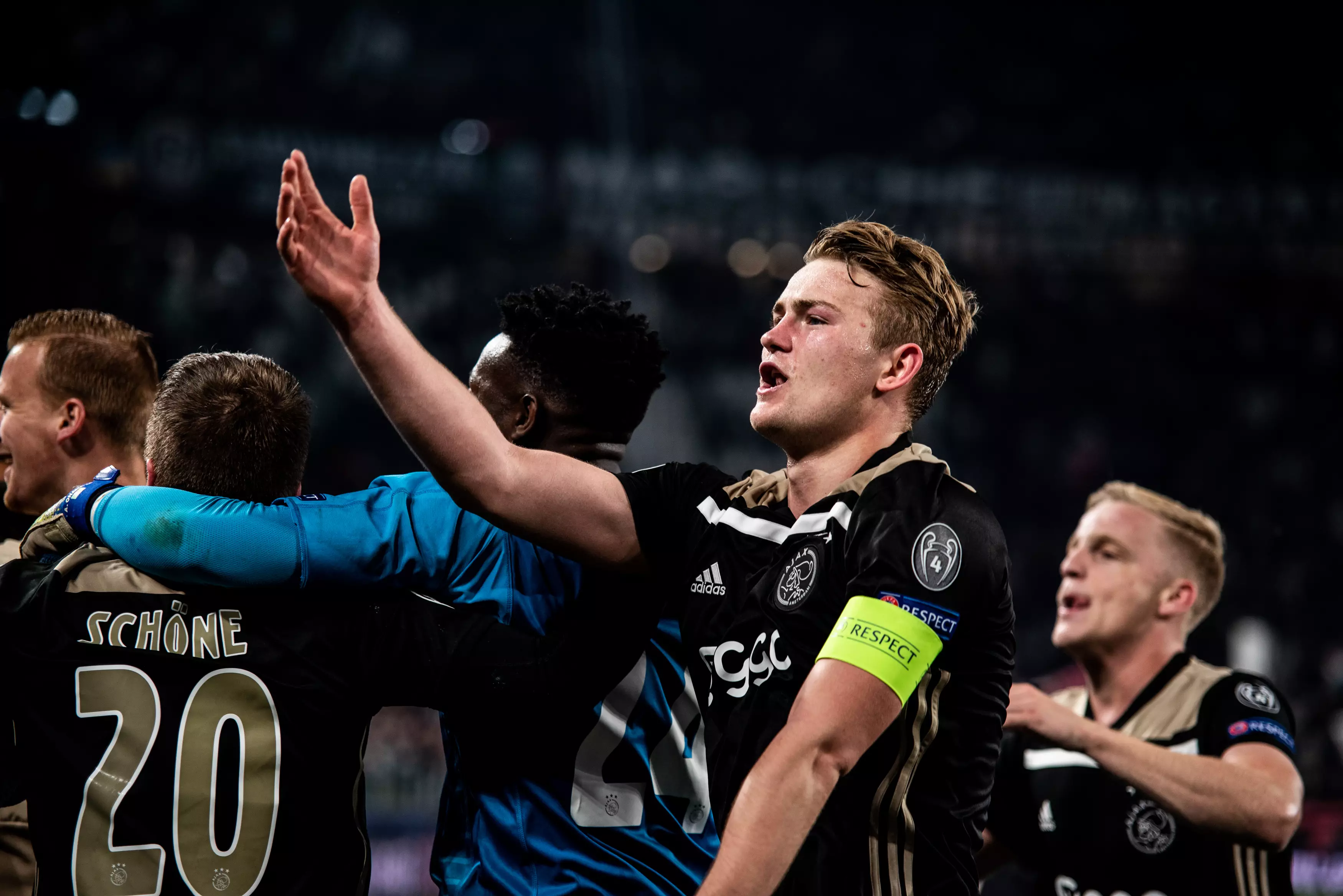 Former Ajax captain Matthijs de Ligt celebrates their victory over Juventus. Image