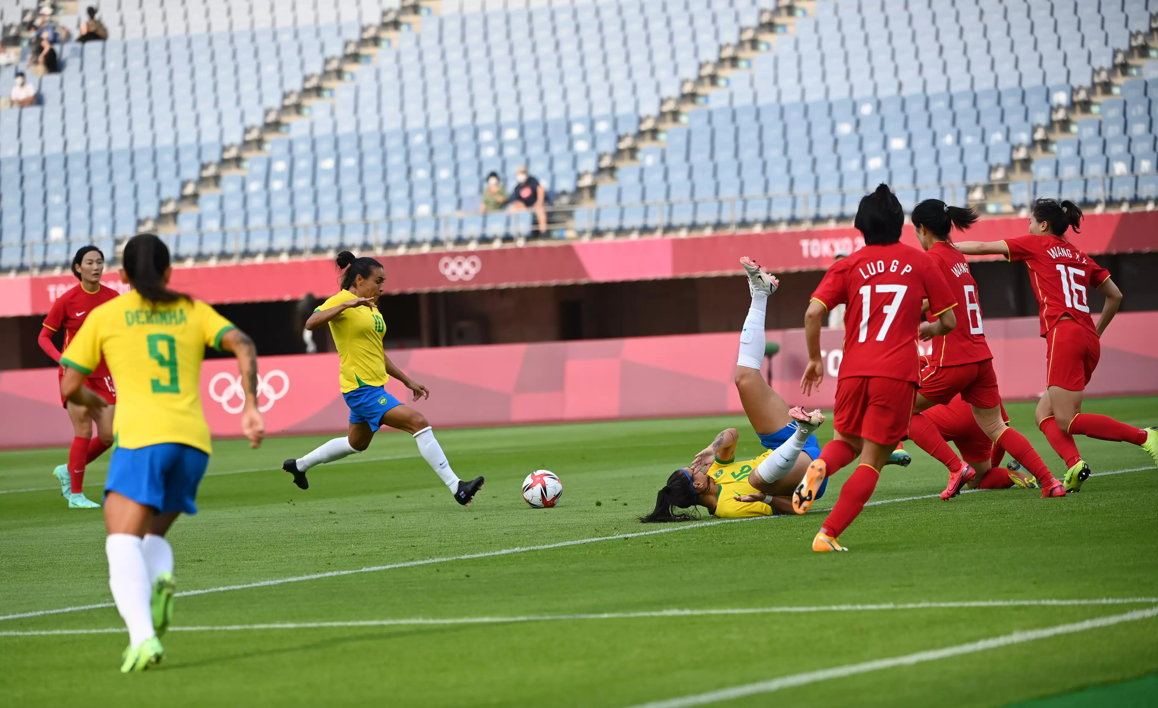 Marta scores against China. Image: PA Images
