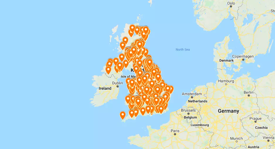 The map lists every single location in the UK where you can find a Tango Ice Blast (