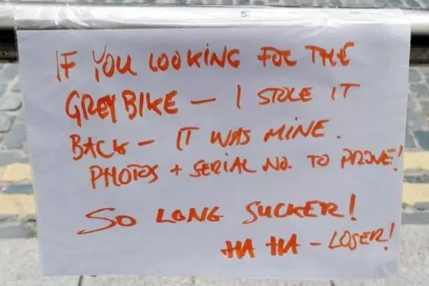 The note was left in place of the bicycle.