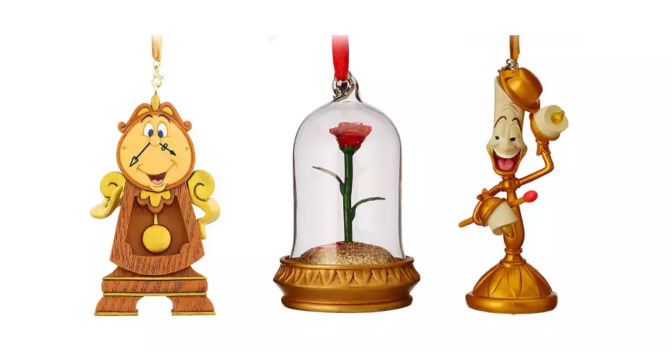 Left to right: Cogsworth, Enchanted Rose and Lumiere baubles (