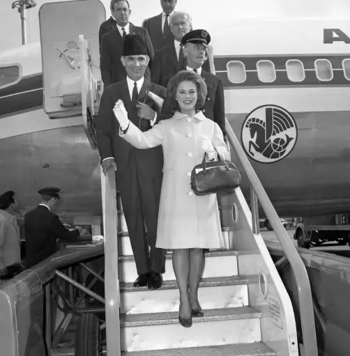 Shirley Temple landing in London, fulfilling her diplomatic duties on a European tour in 1968 (