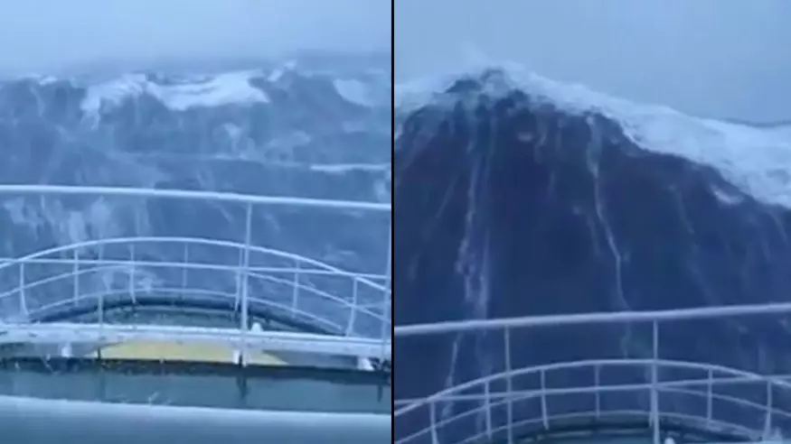 Terrifying Footage Captures A 100-Foot Wave Crashing Into Ship