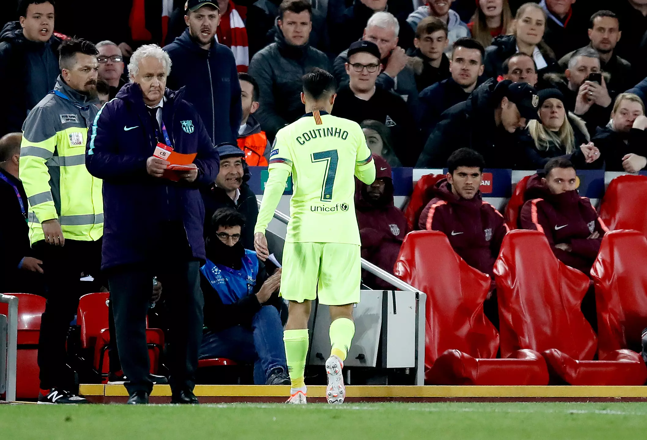 Coutinho walks off at Anfield after being subbed. Image: PA Images