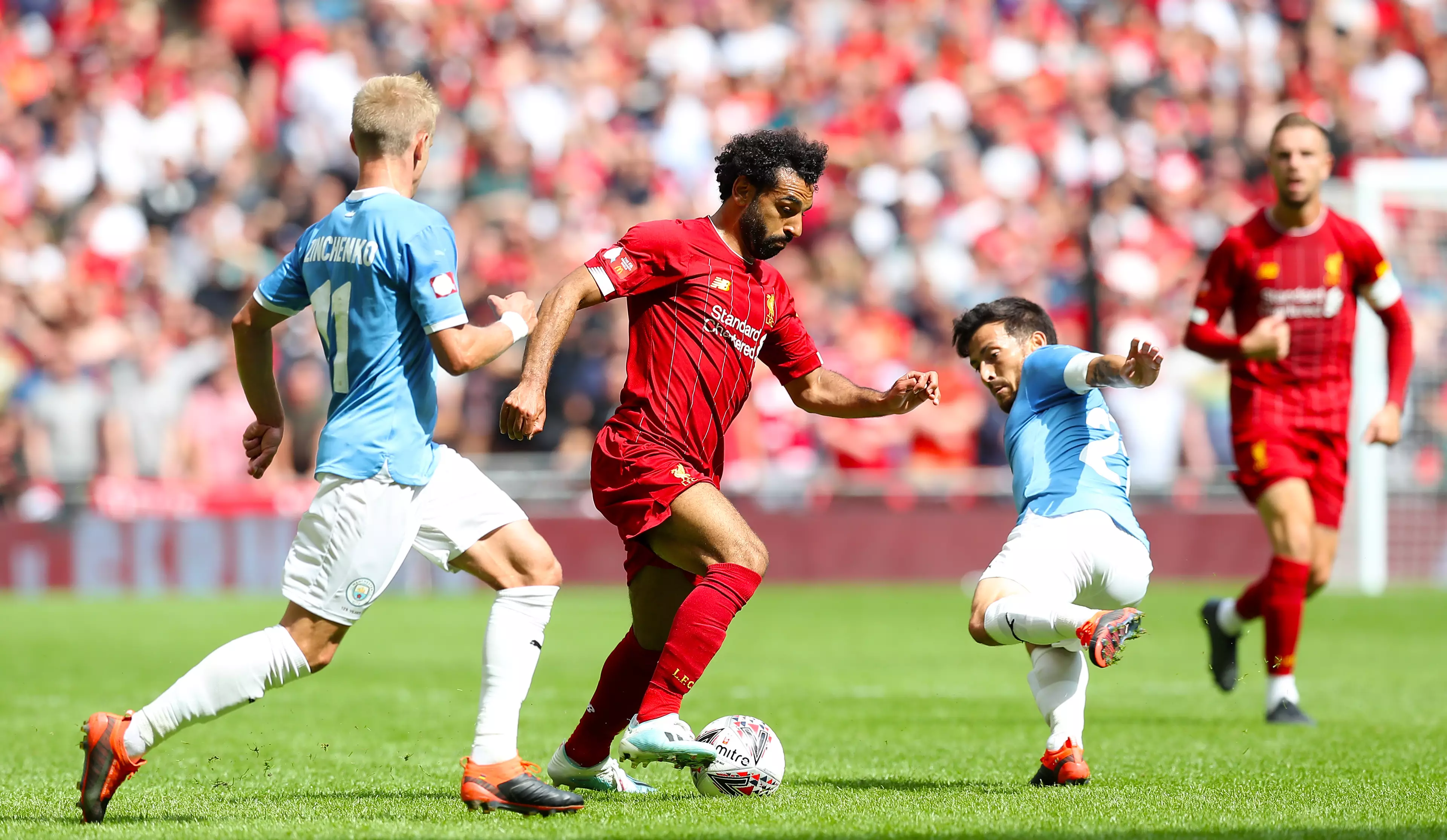 Mo Salah in action for Liverpool against Manchester City in the Community Shield