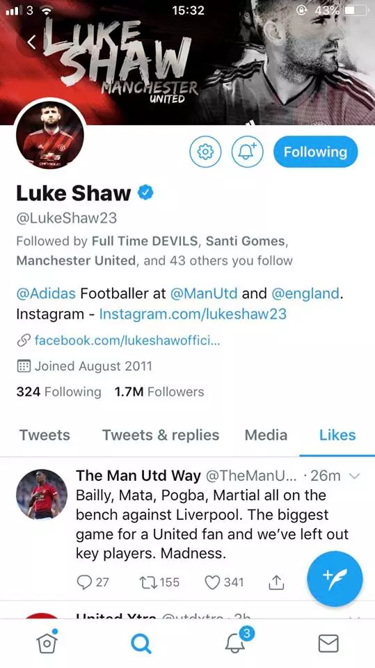 Luke Shaw's likes on Twitter. Image: Twitter