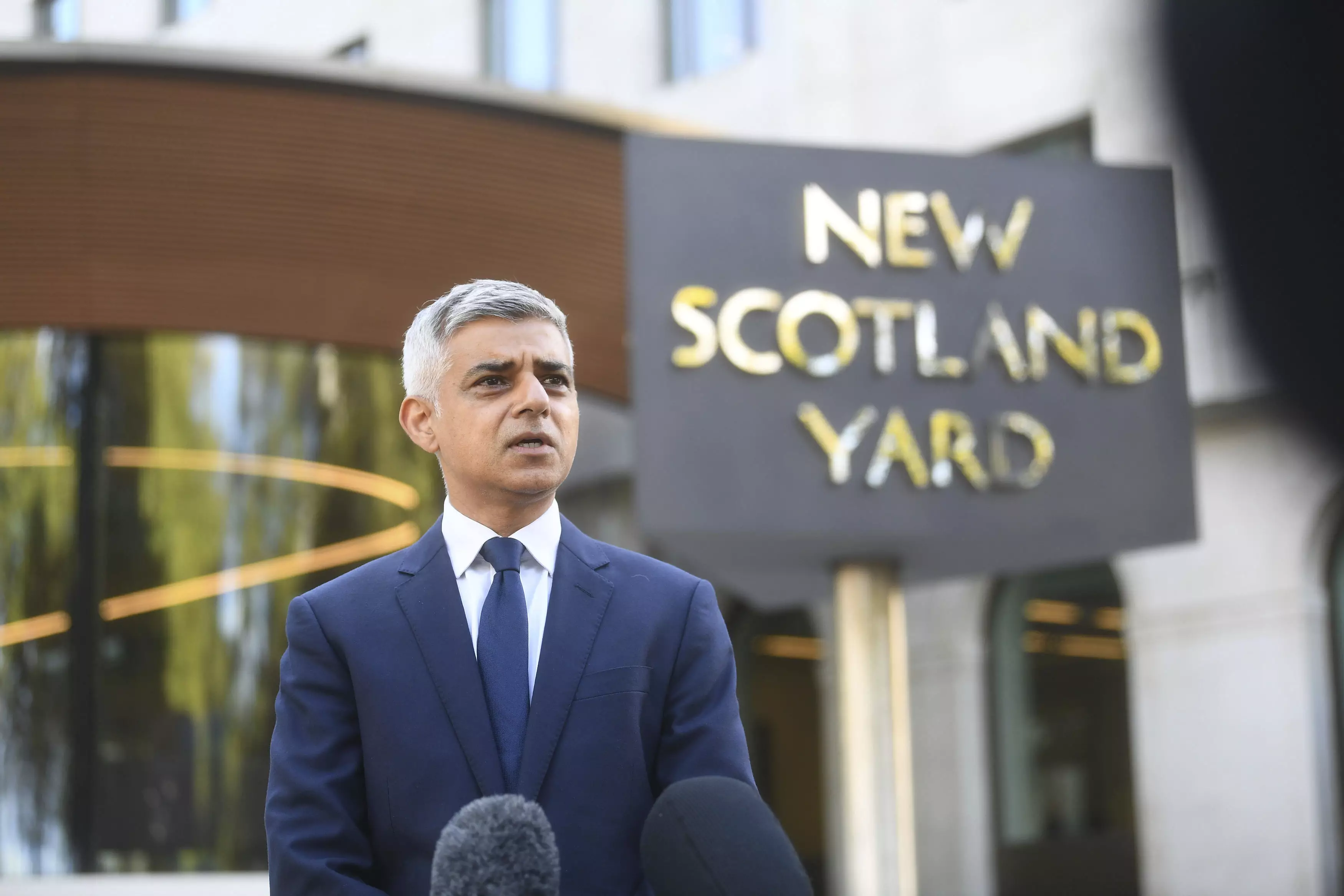 Mayor of London Sadiq Khan speaks to media at New Scotland Yard today.