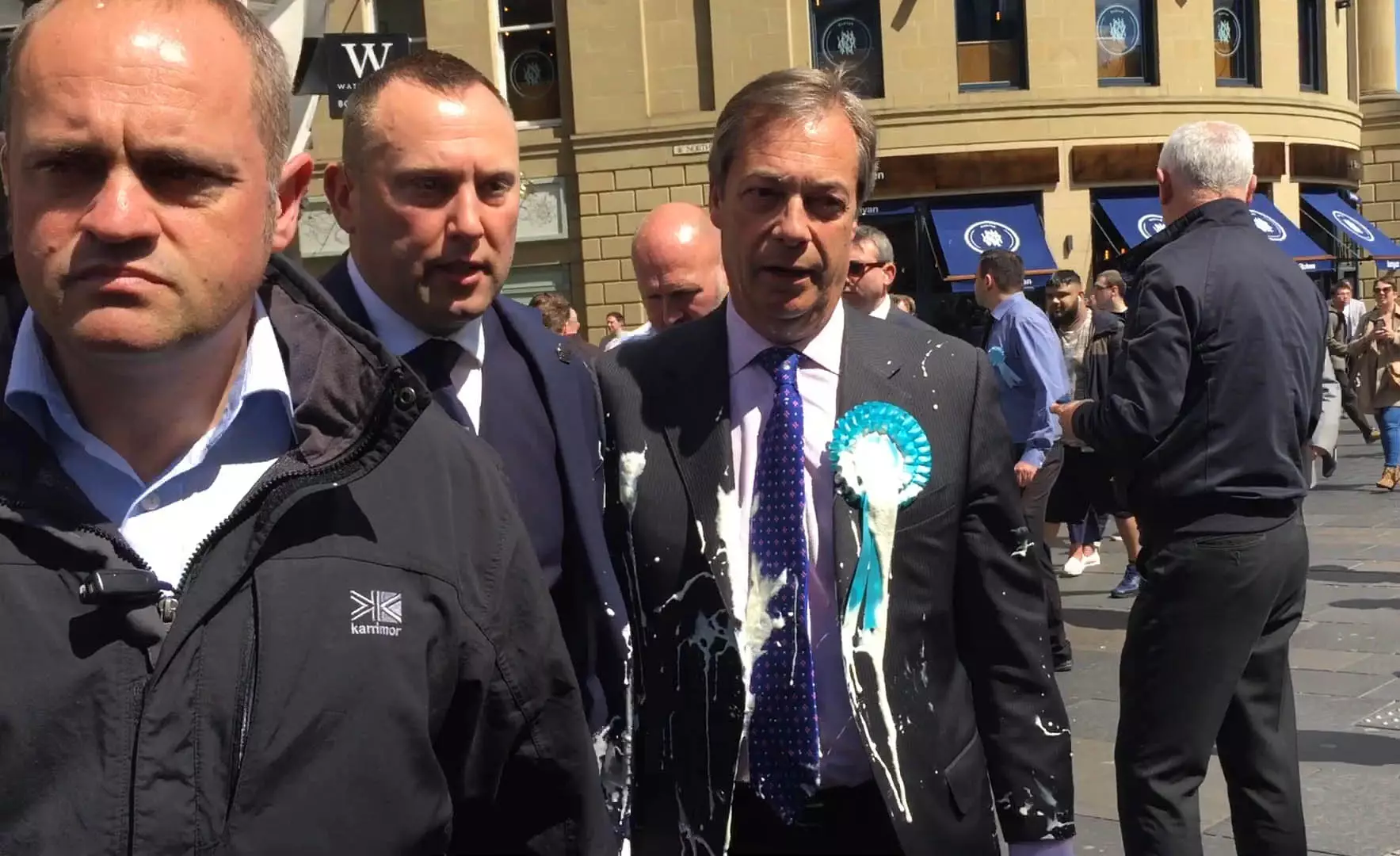 The Brexit Party leader was covered in milkshake by a protester in Newcastle.